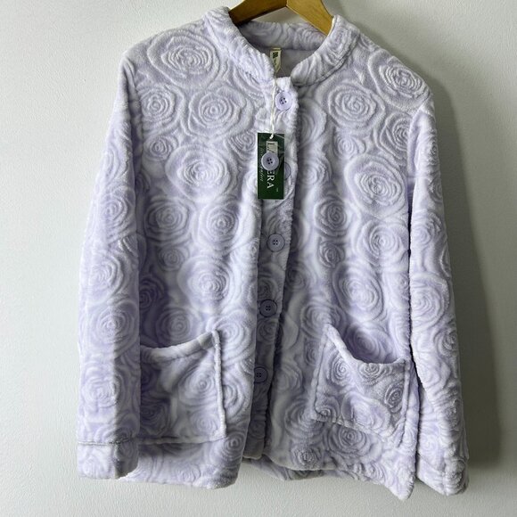 NWT La Cera Purple Floral Pockets Button Front Fleece Bed Jacket Women's Large‎ - Picture 1 of 13